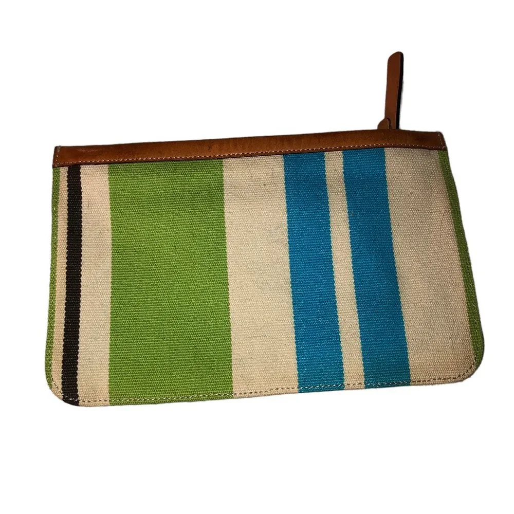 Kate Spade blue green Beach Ball stripe Leather trim zipper pouch bag 8x…